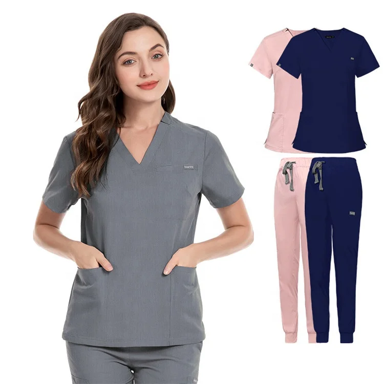 

men's women's elastic wholesale oem logo custom nursing v-neck top pant jogger hospital doctor uniforms scrub suit scrubs set