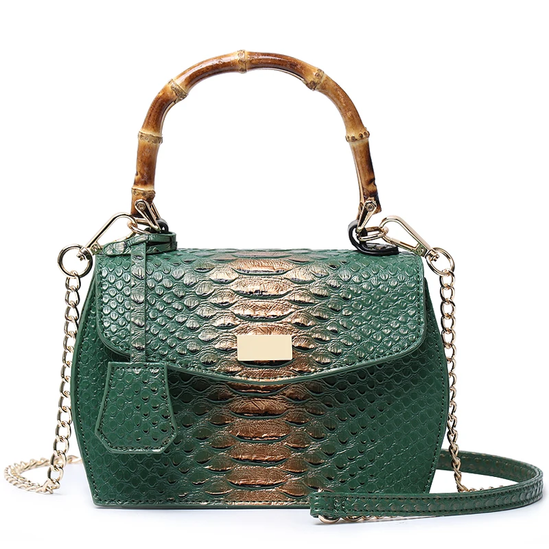 

2020 New Design Women Snake Pattern Handbag Fashion Bamboo Tote Bag Leather Shoulder Bags