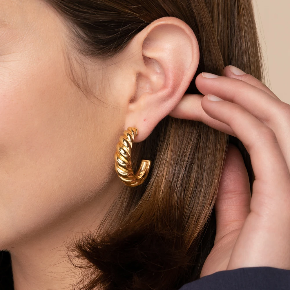 

Trendy Dainty 18K Gold Plated Stainless Steel Gold Twist Earring Hoops Croissant Hoop Earrings Ladies Jewelry