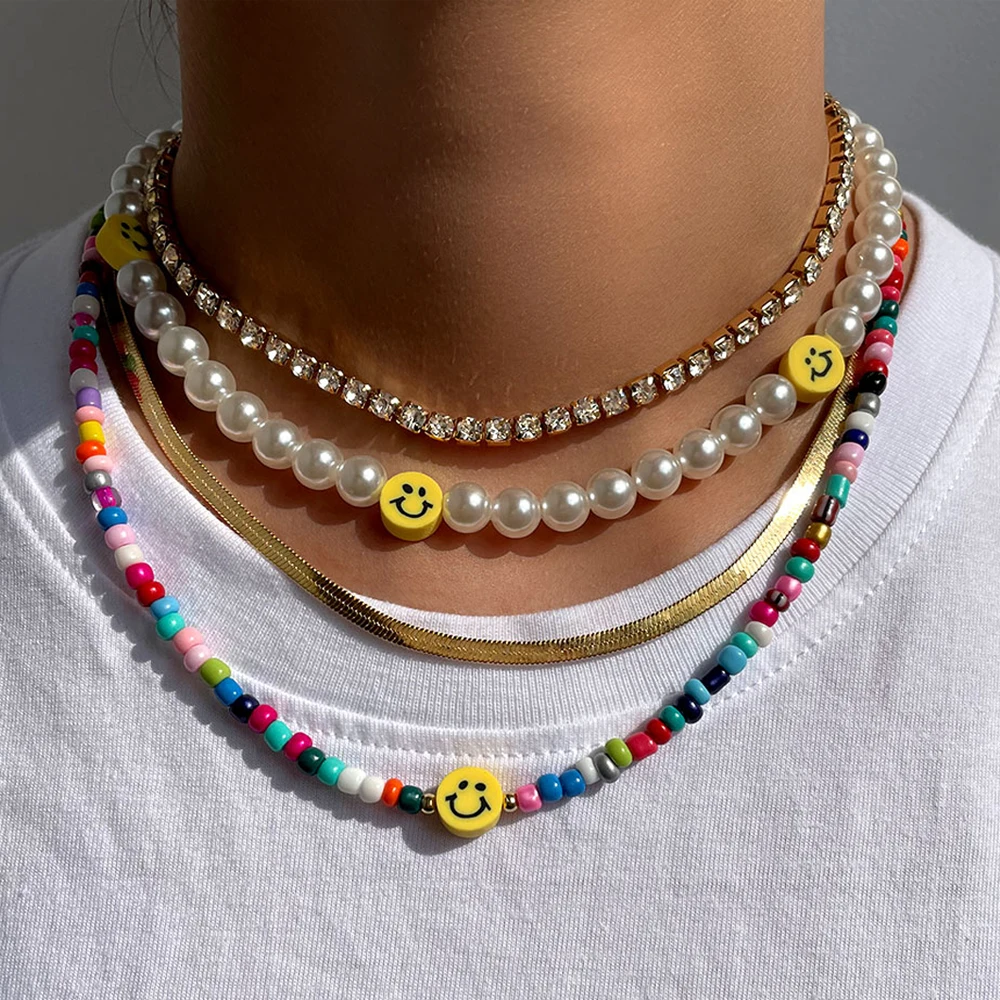 

Wholesale Handmade Natural Beaded Choker Bohemia Multilayer Colorful Smiley Pearl Rainbow Designs Bead Necklace for Women, Multi color