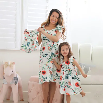 

Family Mom And Daughter Dresses Clothes Floral Printed Party Dress Matching Outfits Dresses Family Look Mother Clothes