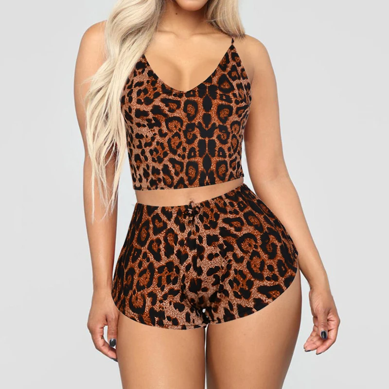 

Women's Pajamas Set Simulation Silk Leopard Pajamas Plus Size Home Underwear Night Skirt, Shown