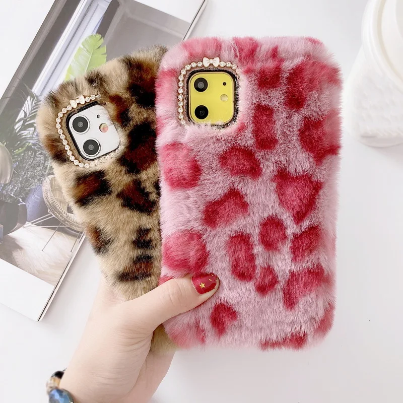 

leopard Cute Fur Fluffy Phone Case For iPhone X Xr Xs 11 Pro Max 5 5S SE 2020 Luxury Diamond 6S 6 7 8 Plus Girl Cover Soft 360, Multi colors