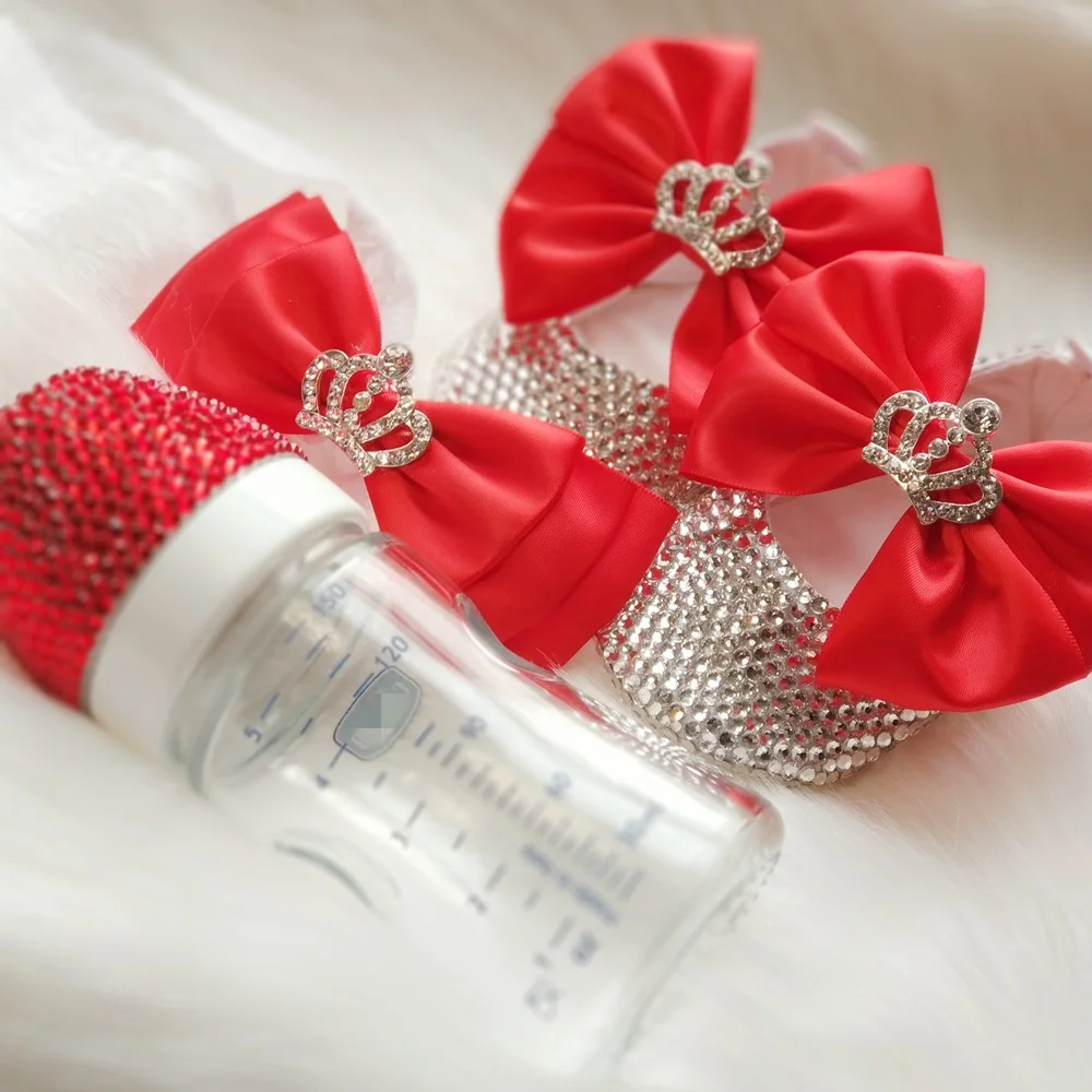 

Latest Red Butterfly Crown Princess Baby Girl Crystal Ballerina Flat Shoes with Baby Infant Milk Bottle for Gift Set, Red/ custom