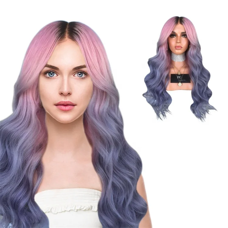 

Cheap Women High Temperature Silk Pink Purple Waves Synthetic Hair Wigs with Highlights