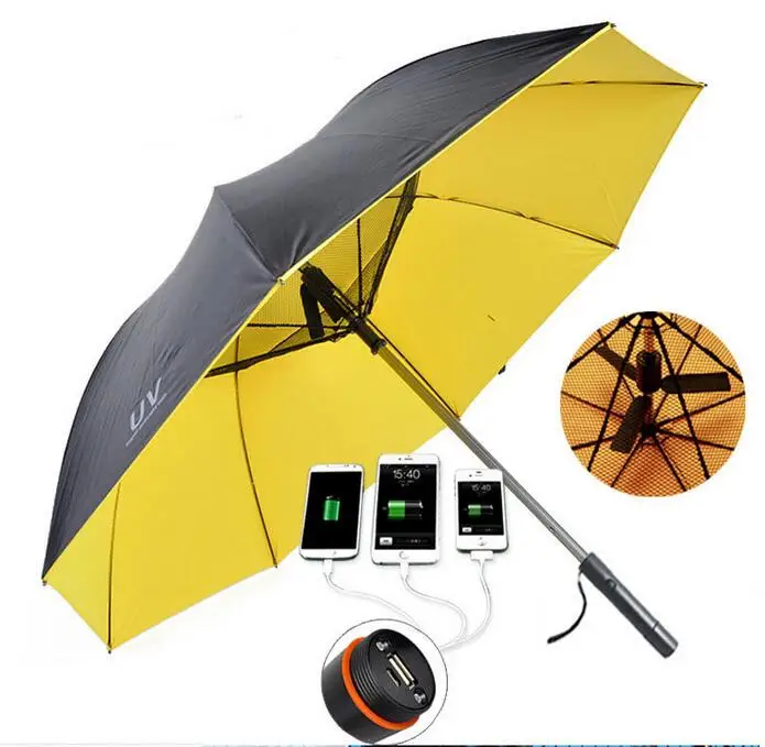 

27 inch large canopy power bank USB charge fan umbrella with Lithium battery with UV protective, Any color available