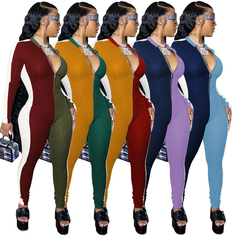 

MD-20123023 Sexy Tight Women Patchwork Long Sleeves Jumpsuit Ladies Bodycon Rompers Bodysuits One Piece Jumpsuit Women 2020