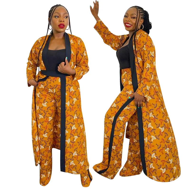 

New arrival sweat outfits women vintage yellow printed over coat for women elegant cardigan plus wide leg pants set in stock