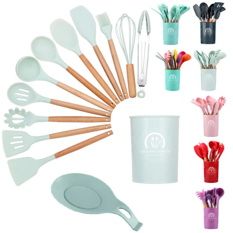 

12pcs Non-stick kitchenware wooden Silicone cooking wooden kitchen utensils sets with gloves
