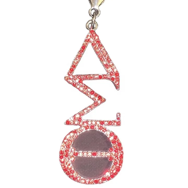 

Long size Silver Vertical Sorority Delta Red Clear Mixed Rhinestones Pendant Brooch Keychain, Picture