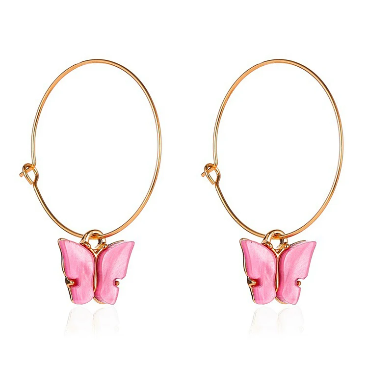 

Hot Sale Korean Gold Plated Big Hoop Pendant Ladies Women Charm Colorful Acrylic Butterfly Earrings Jewelry For Girls, As photo