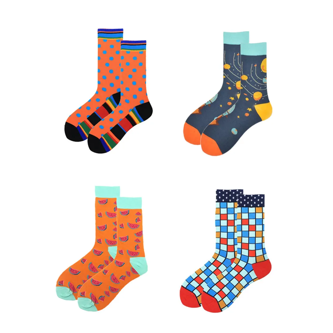 

Men's Casual Cotton Cute Socks Sets Dot Striped Geometric Space Starry Sky Astronaut Pattern Tube Socks, Multi colors