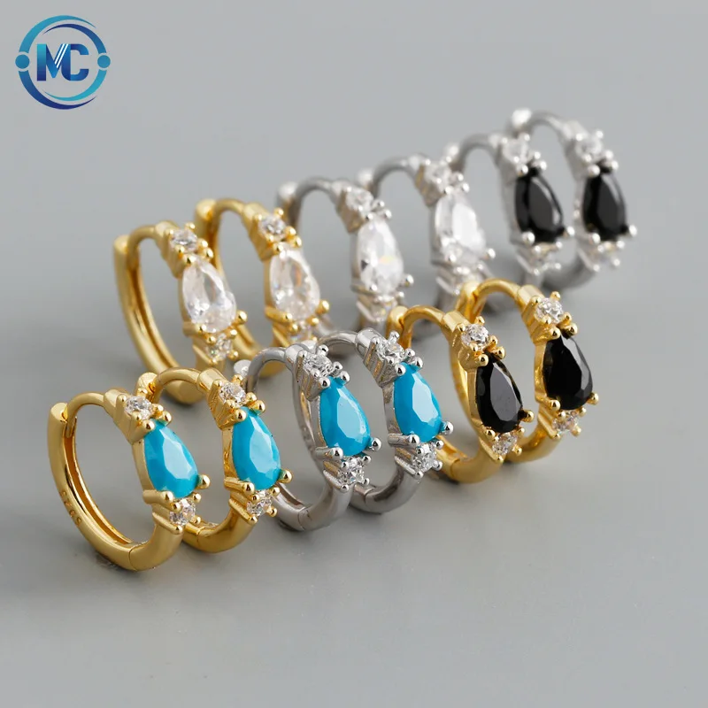 

2021 Hot Sale 14k Gold Plated 925 Sterling Silver Iced Out Cubic Zirconia Blue Turquoise Huggies Hoop Earrings for Women