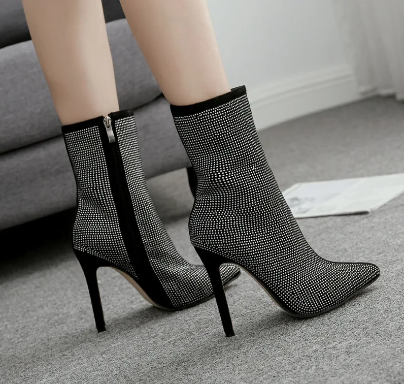 

Dropshipping Fashion Ladies Boots Plus Size Solid Color Suede Bling Rhinestone Pointed High Heel Zipper Women Calf Boots