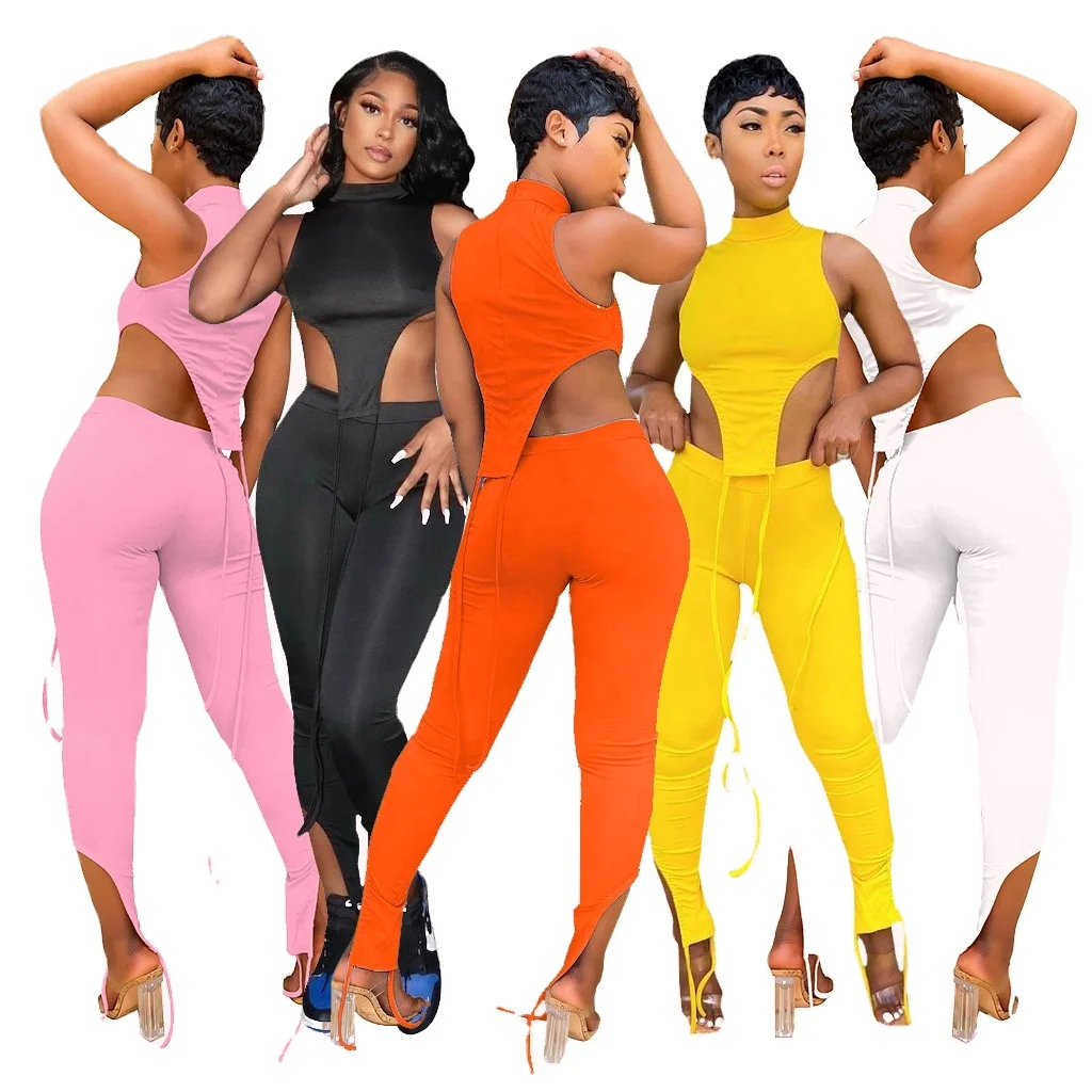 

2021spring high waist two piece pants sets sleeveless black 2 piece set women