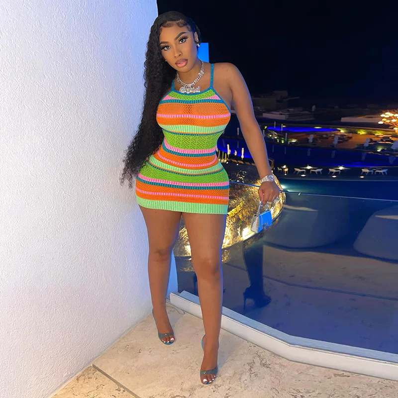 

Wholesale 2022 summer women gradient colorful fresh cute v neck sexy mesh mini dress