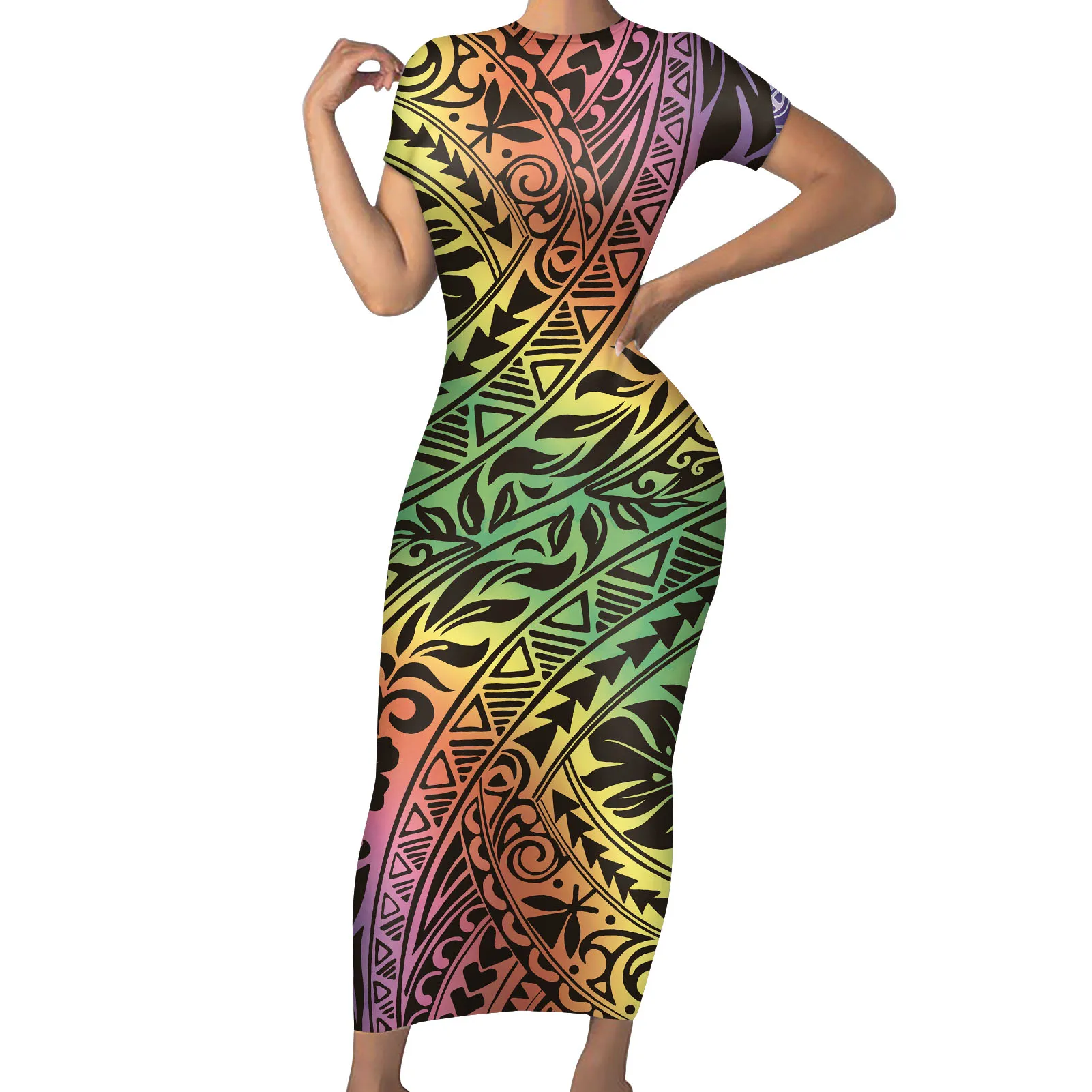 

New Design Yellow Tribal Polynesian Printing Fabric Women Maxi Dresses Fitted Sexy Club Long Dresses Plus Size POD Manufacturer, Customized color