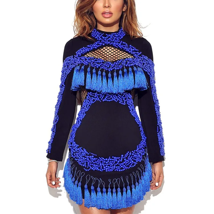 

High end clothing hollow out beaded tassel fringe dress women