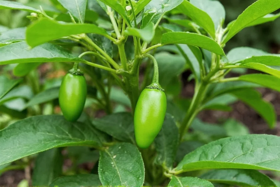 Close-up of early jalapeno pepper plants showing dark green foliage and small developing peppers on compact bush