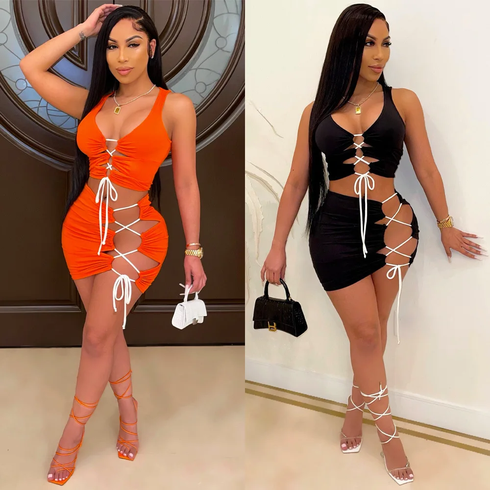 

Women Solid Color Summer Cut Out Bandage Sexy Vest With Mini Skirt Set Outfits