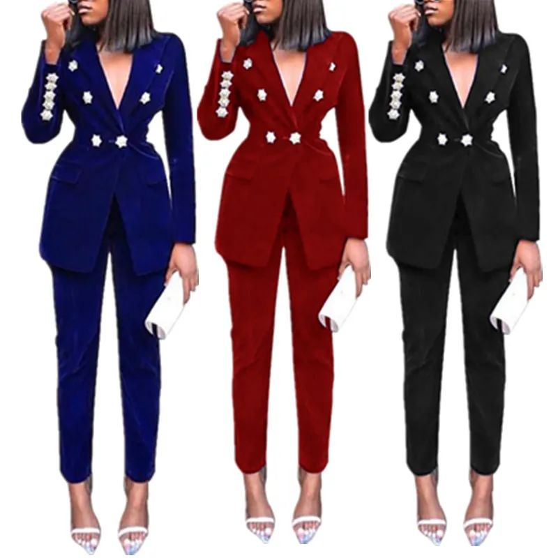 

New Arrivals 2021 Woman Suit 2 Piece Formal Blazers For Women Office Wear Casual Business Attire Velvet Fleece Blazer With Pants, As pic