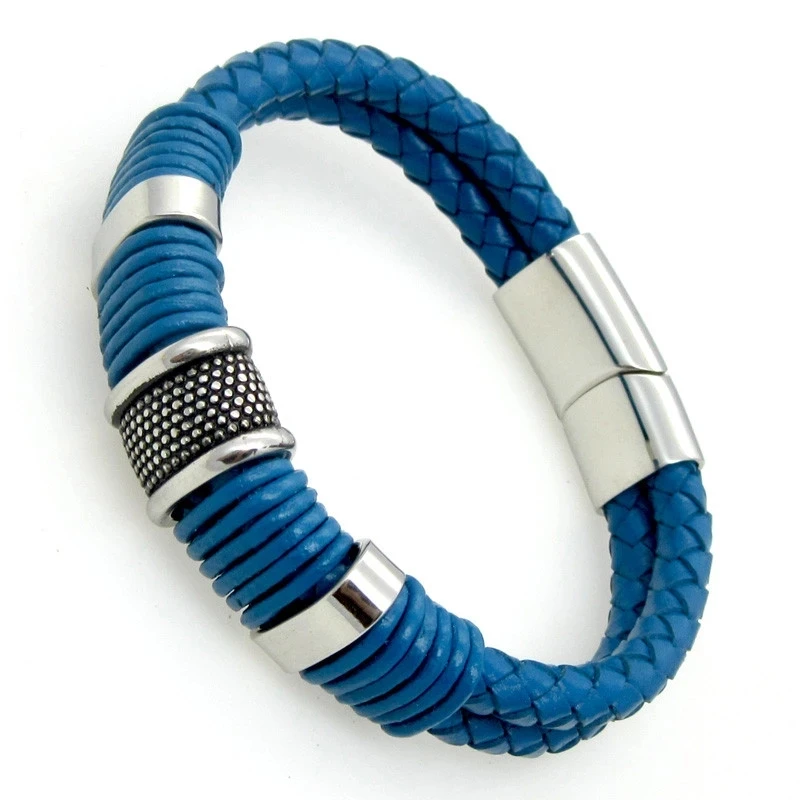 

Hot Sale Unique Stainless Steel Simple Bracelet Blue Leather Rope Bracelets Titanium Steel Magnetic Buckle Claps Bangle