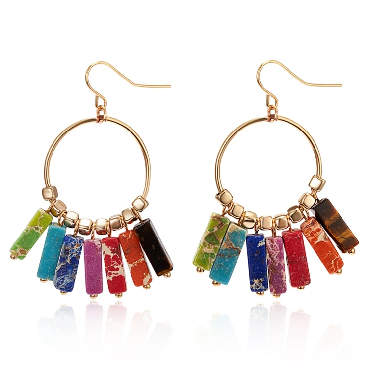 Bohemian Charm Colorful Natural Stone Tube Chakra Jewelry Women Dangle Earring