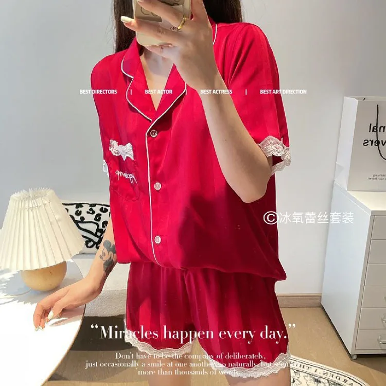 

Summer Girl Nightwear Shorts Pijama Lace Piyama Rayon Satin Silk Pajama Set Short Sleeve Pyjama Two Piece Sleepwear For Women