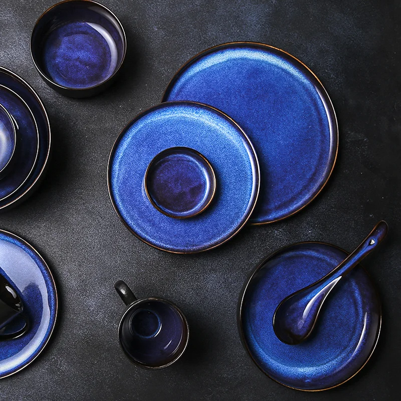 

Japanese Korean Restaurant Hotel Dishes Round Blue Ceramic Plate, Dark blue