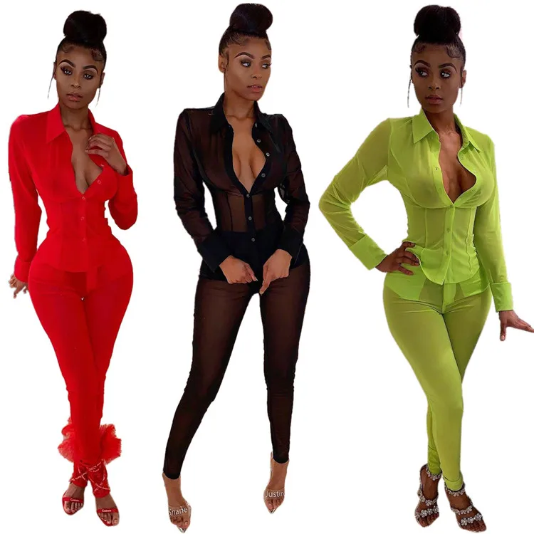 2020 Wholesale African Transparent Shirt And Long Pants Women Two Piece Sexy Set