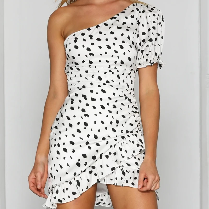 

2020 new arrivals summer design asymmetrical shoulder ruffles bottom bodycon polka dot women summer dresses