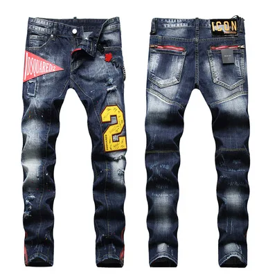 

Hot sale 2021 Men fashion Paint Chain Decoration Alphanumeric Pattern Slim jean Denim ripped jeans Men jeans pants