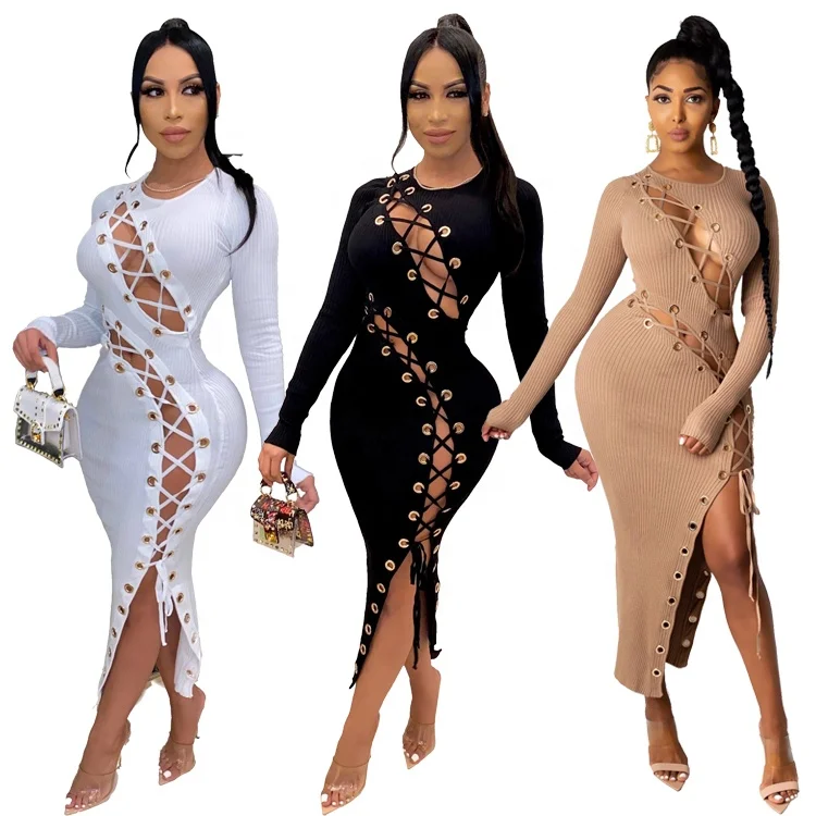 

Wholesale Sexy Fashion Long Dress Women Evelet Strap Long Sleeve Sexy Women Long Dresses