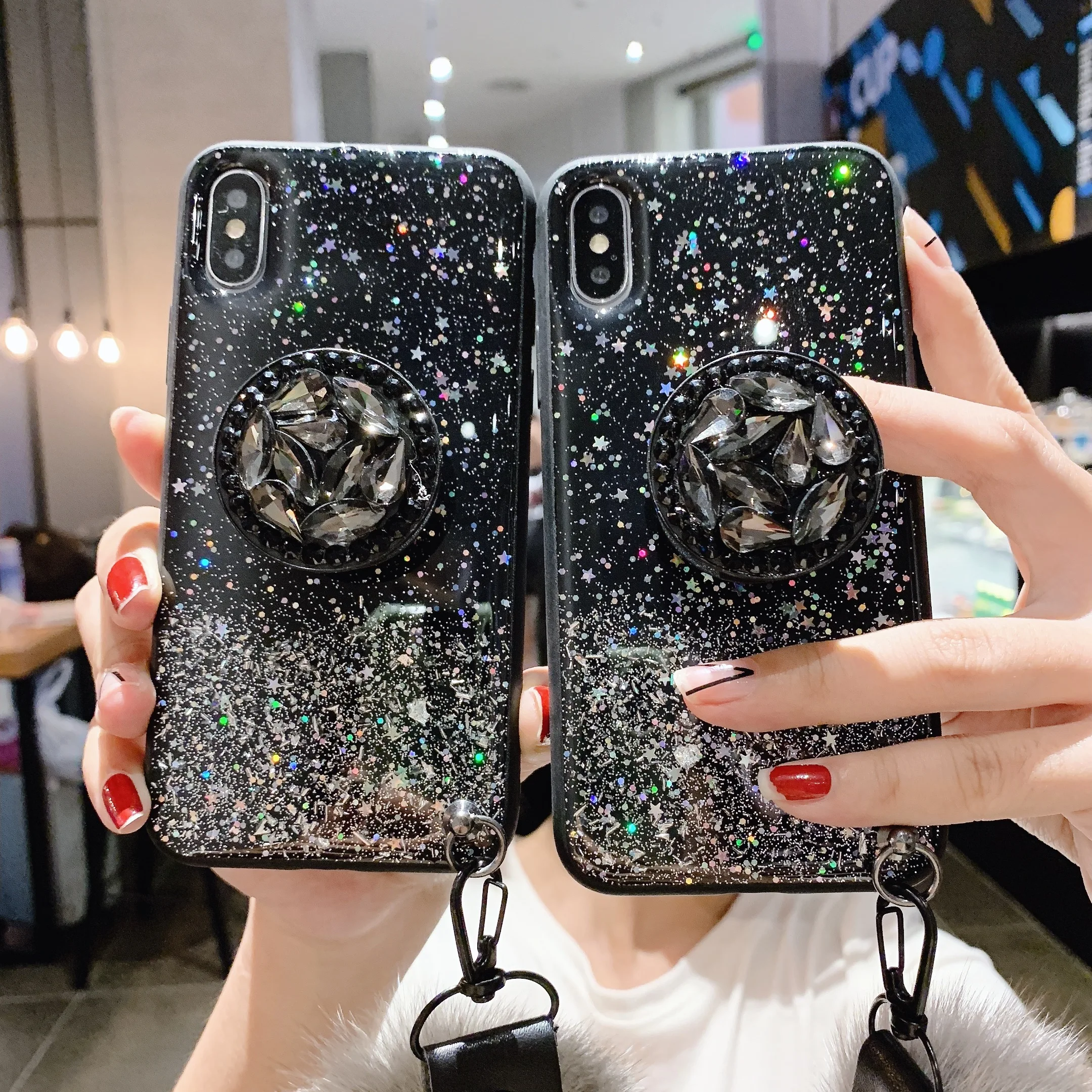 

Luxury fur ball wrist strap glitter star design cell phone case cover for iphone X XR XS MAX 6 7 8 Plus