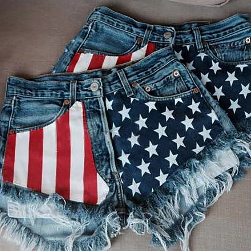 

Drop Shipping Girl Unique design hot pants  sexy tassels USA stars American flag shorts printed women's denim shorts, As picture