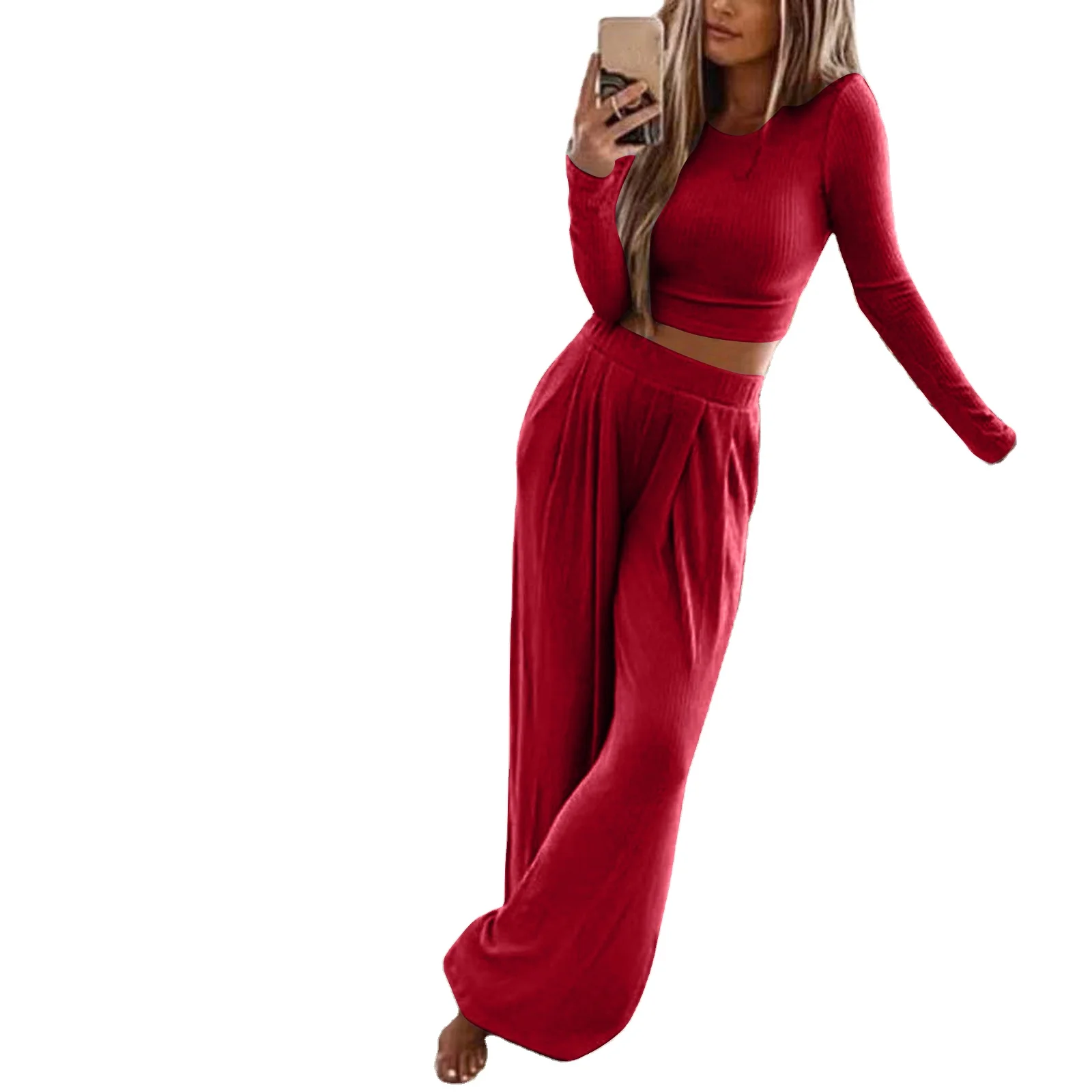 

10909-MX10 solid color wide leg pant crop top casual two piece set women clothing sehe fashion