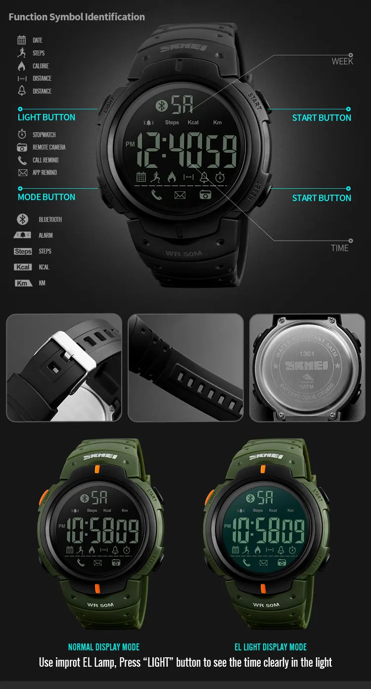 Top Fashion Skmei Bluetooth Men Sport Digital Wrist Watch Waterproof Reminder IOS Android Calorie Pedometer Fitness Smartwatch