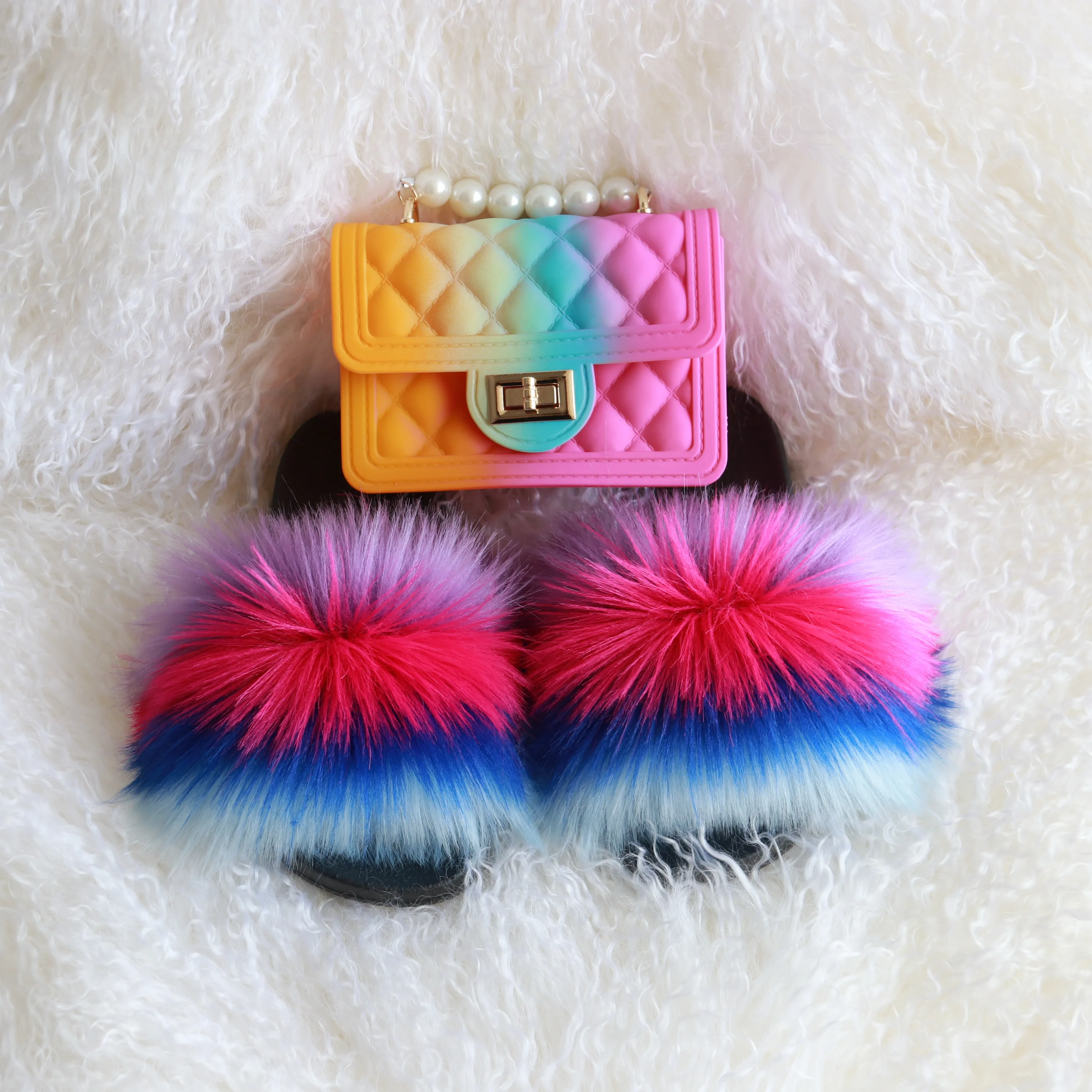 

Fashion Designer Kids Mini PVC Messenger Handbags Fashion Summer Small Jelly Purse and Fur Slipper Sets