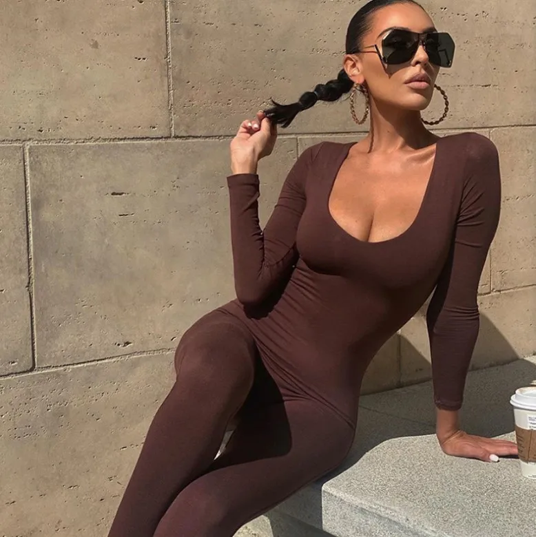 

Autumn and winter women's new low-necked tight long-sleeved high-waisted solid-color sports and fitness backless jumpsuit