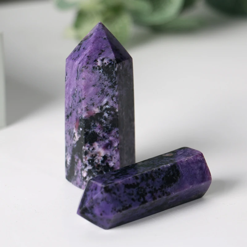 

Bulk Wholesale Natural Gemstone Carving Charoite Tower Wand Point For Decoration