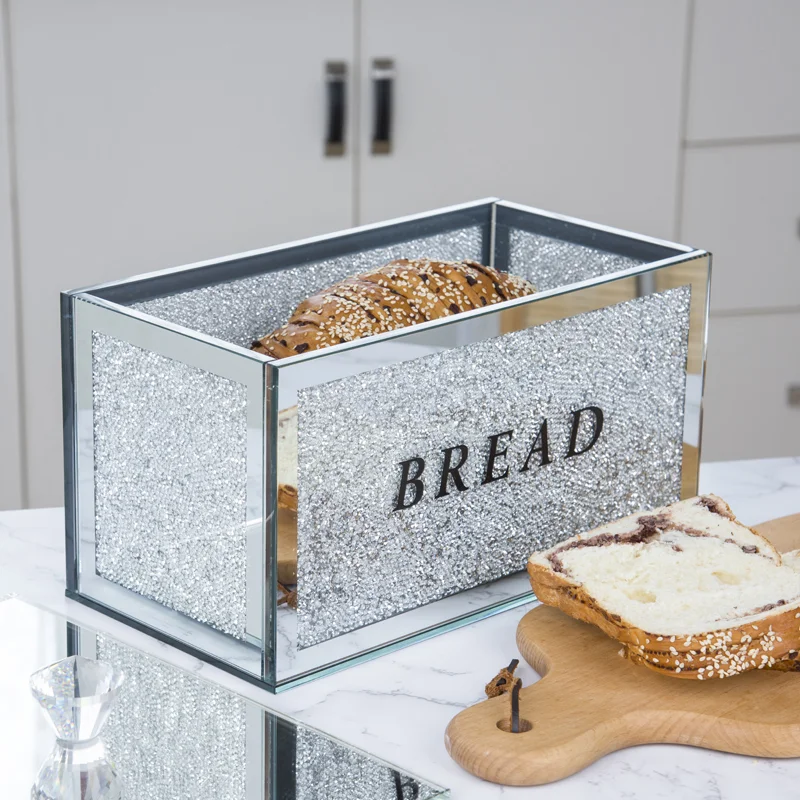 Kitchen Storage Large Diamond Crushed Crystal Glass Filled Bread Bin Container 