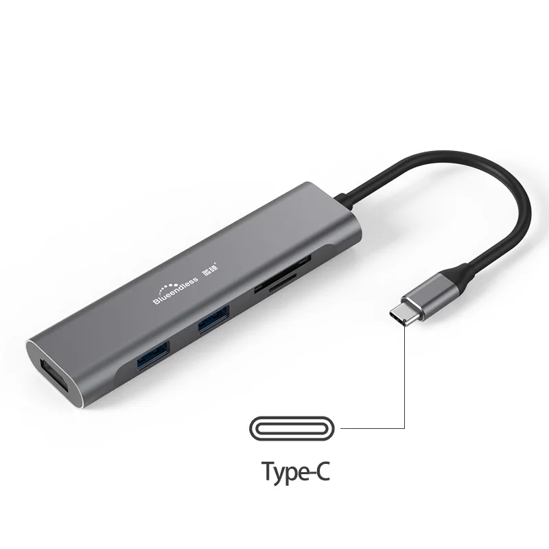

Blueendless HC501 5 Port Type C Docking Station Mini Usb Hub3.0 Adapter for Macbook USB 3.1 Speed up to 5gbps Acceptable Silver