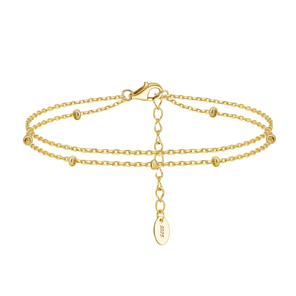 RINNTIN SB200 Double Layer Chain Bracelet Bead Spacer Cable Chain Bracelet for Women Simple Pure Silver Hand Jewelry