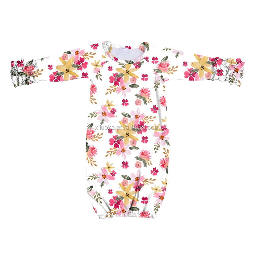 

Spring Newborn Girl Baby Clothes Milk Silk Long Sleeve Icing Ruffle Baby Floral Gown, Picture