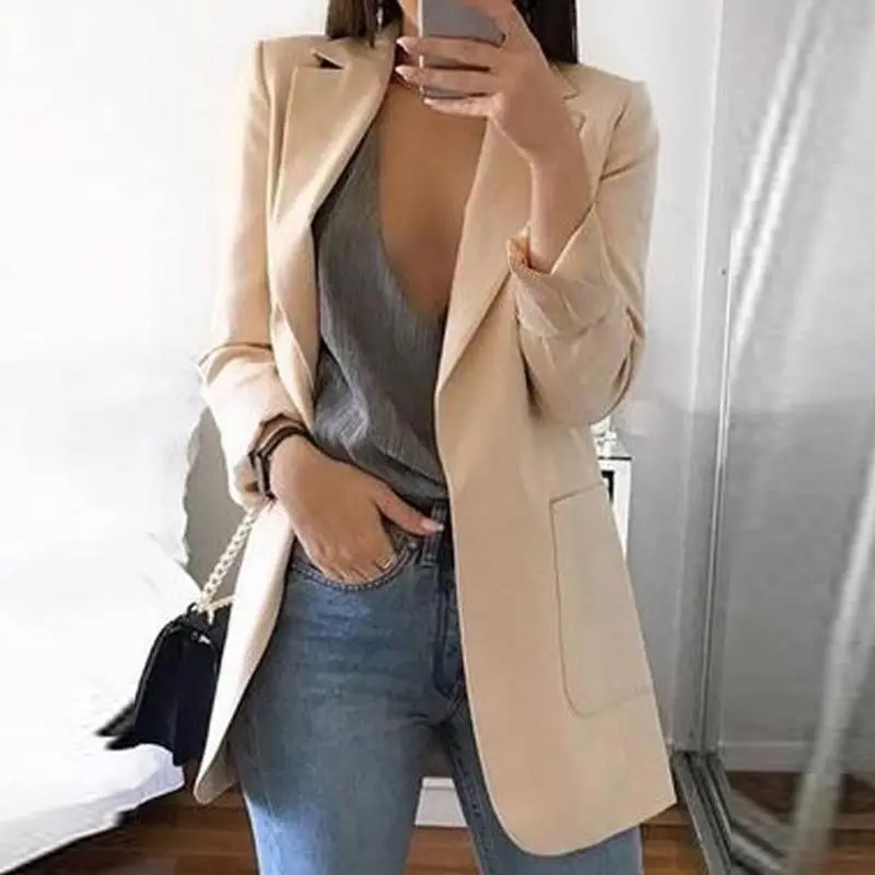 

Factory OEM & ODM women blazer dress casual women long blazer deep v neck front pocket women long blazer, Black and white