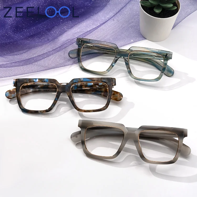

Zeelool In Stock Fashionable Unisex Full Rim Square Acetate Light Blue Floral Tortoise Spectacle Frames Eyeglasses