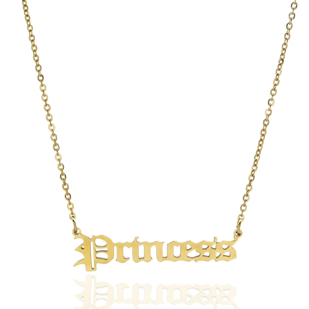 

Free Shipping Dropshipping 18K Gold Plated Stainless Steel Women Jewelry Old English Letter Personalized Princess Chain Necklace