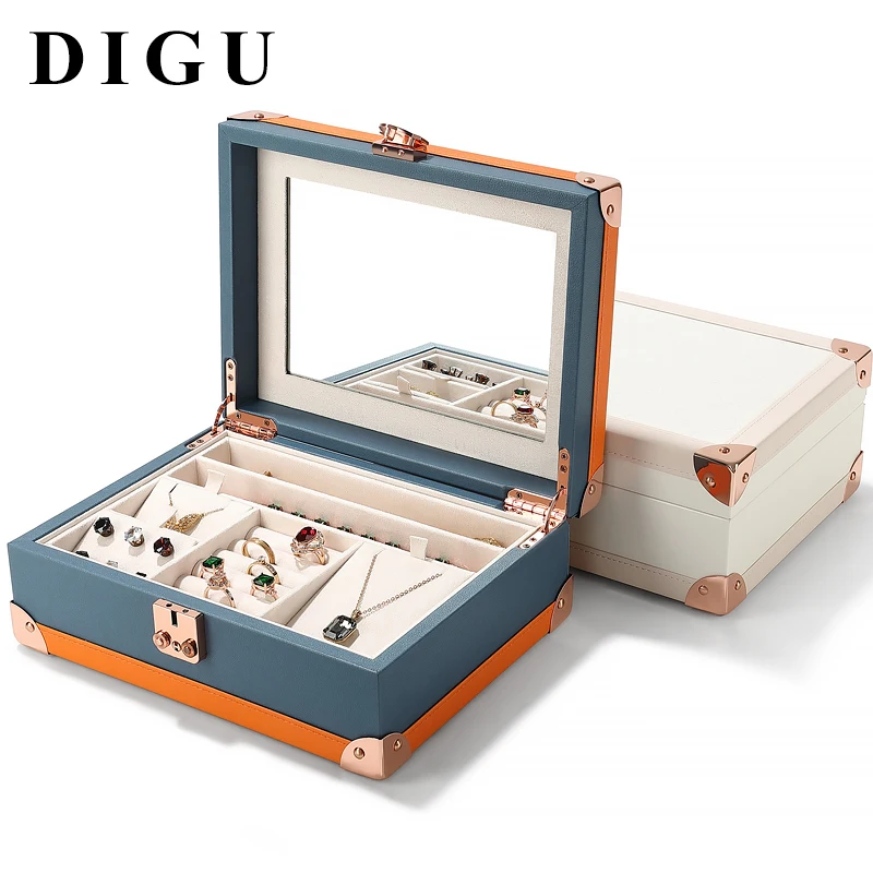 DIGU High-Grade  Leather Jewelry Organizer With Lock Exquisite Double-Layer Necklace Jewelry Accessories Large Capacity Box