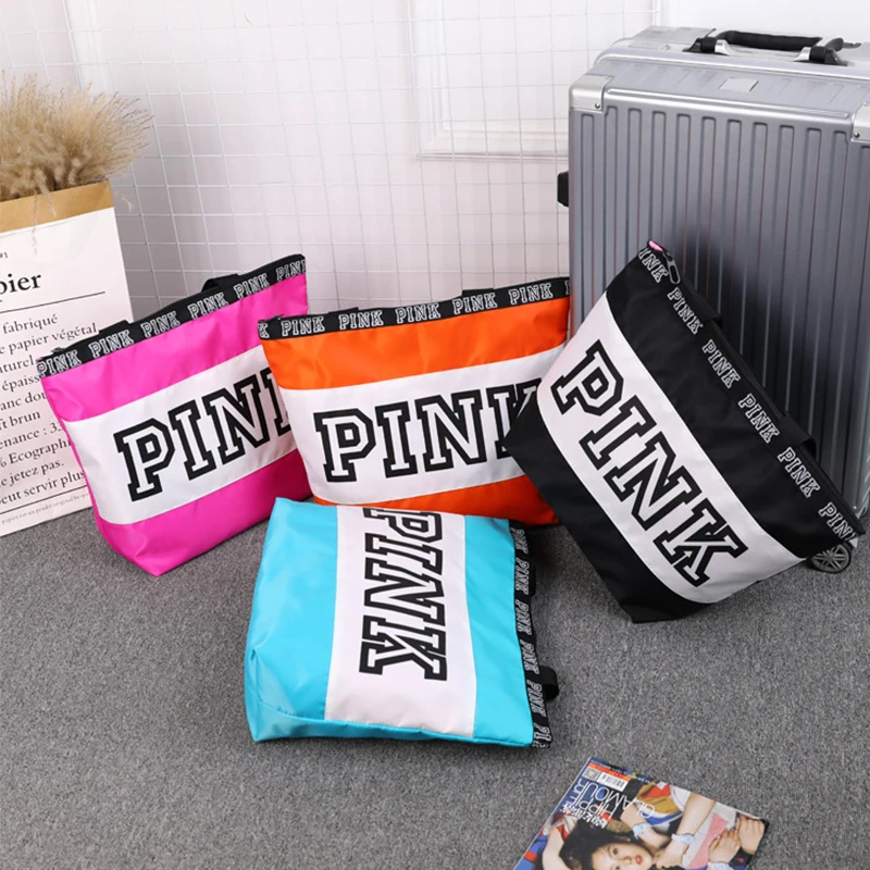 

fashion eco reusable nylon vspink shopping bag custom logo foldable large women tote bag, Customized color