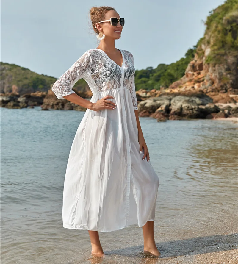 

Wholesale Pleat Bandage Half Sleeve Beachwear One Piece V Neck Wrap White Solid Women Mesh Cover Up Dress